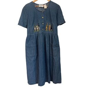 Vintage Denim Cat Embroidered Dress Womens 22W Olivia Ross Cottagecore Midi